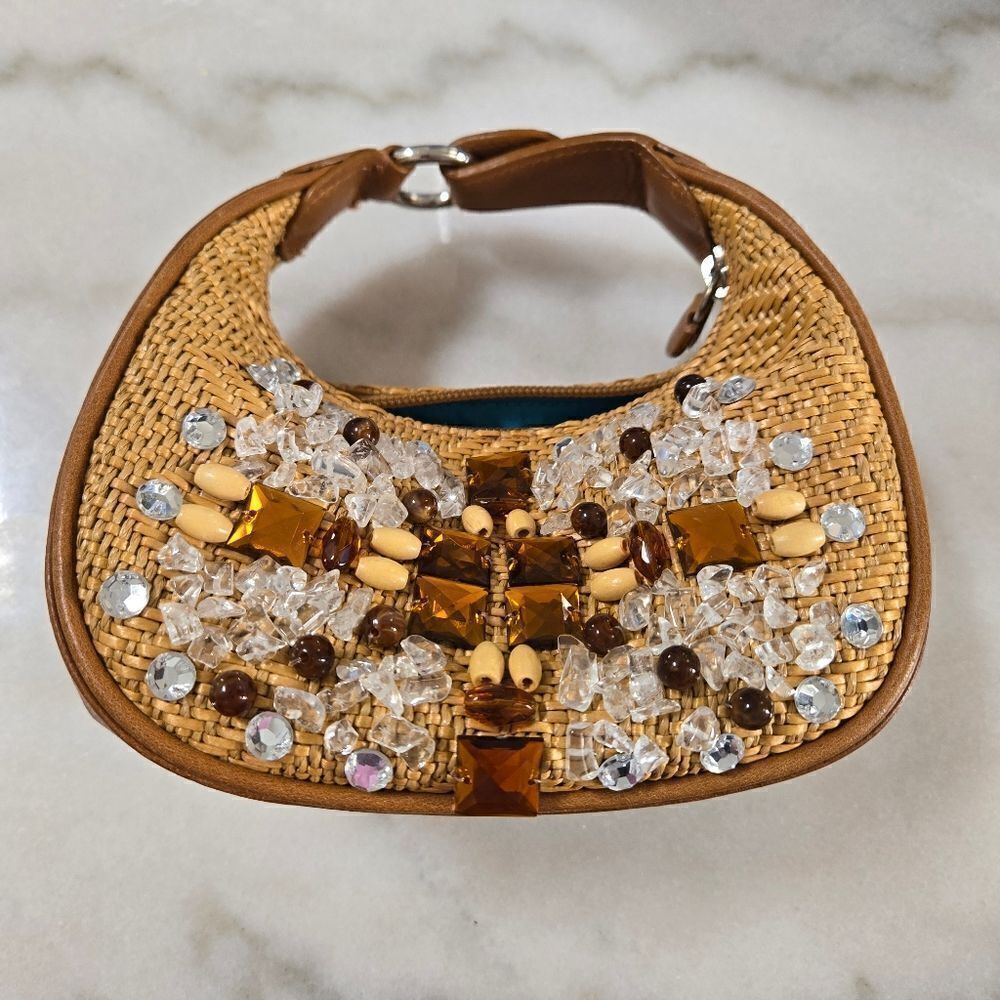 COLE HAAN straw bag embroidery , new